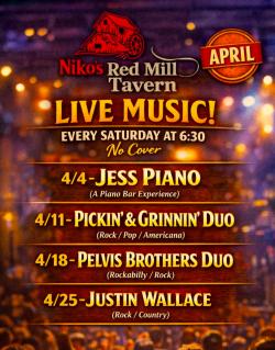 Live Music at Niko's Red Mill Tavern - April 2026 - Woodstock Live Music at Niko's Red Mill Tavern - April 2026 - Woodstock