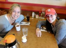 Friends enjoying breakfast at Georgie V's Pancake House in Northbrook